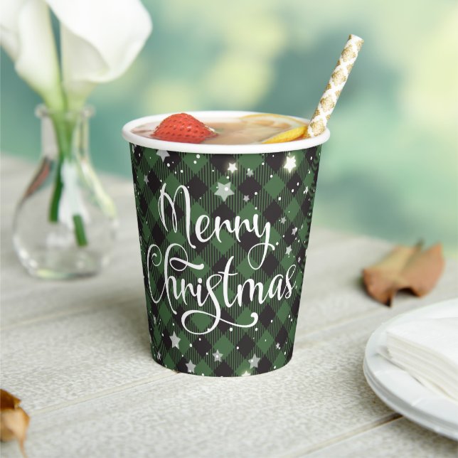 Merry Christmas Green Buffalo Plaid Holiday Party Paper Cups (Insitu)