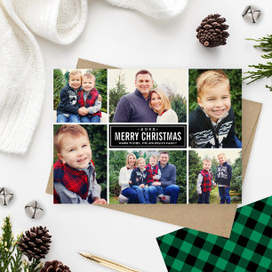 Merry Christmas Green Buffalo Plaid Photo Collage Holiday Card