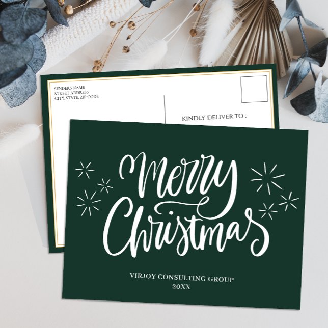 Merry Christmas Green Calligraphy Business Modern Holiday Postcard (Creator Uploaded)