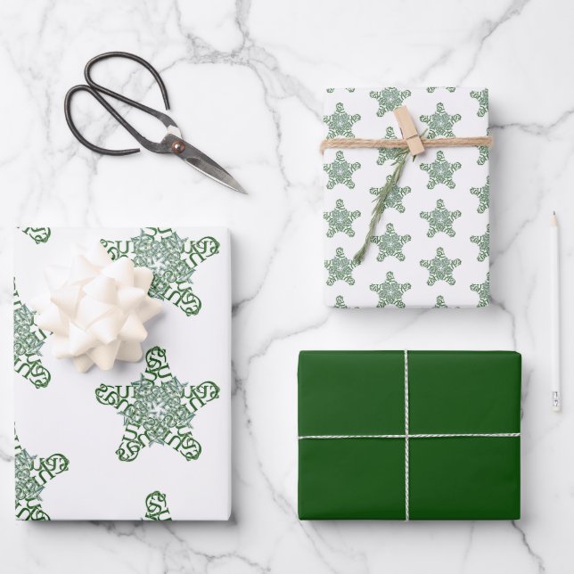 Merry Christmas Green Calligraphy Star Wrapping Paper Sheet (Front)