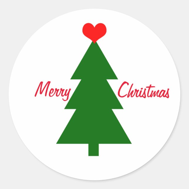 Merry Christmas Green Christmas Tree Red Heart Classic Round Sticker (Front)