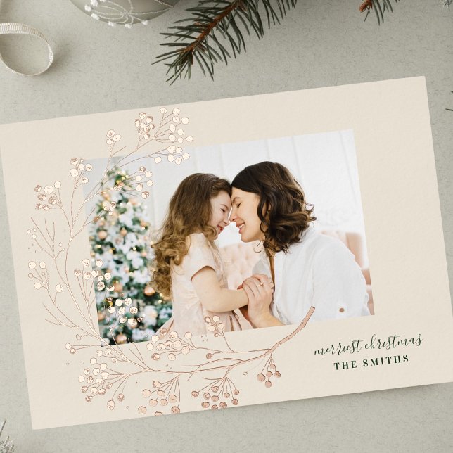 Merry Christmas | Green & Cream Photo Rose Gold Foil Holiday Card (Creator Uploaded)