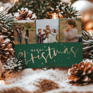 Merry Christmas Green & Faux Gold Photo Christmas Postcard