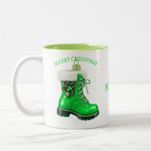 Merry Christmas Green Festive Boot Two-Tone Coffee Mug