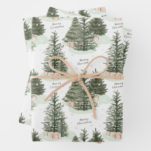 Merry Christmas Green Fir Trees and Presents Wrapping Paper Sheet