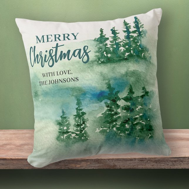 Merry Christmas Green Forest Trees Gift Cushion (Stylishly Personalize with Your Custom Name & Year)
