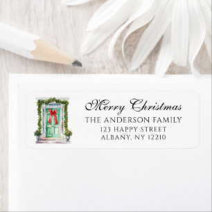 Merry Christmas Green Front Door Garland Holiday Return Address Label