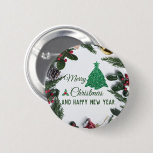 Merry christmas- green glitter 6 cm round badge
