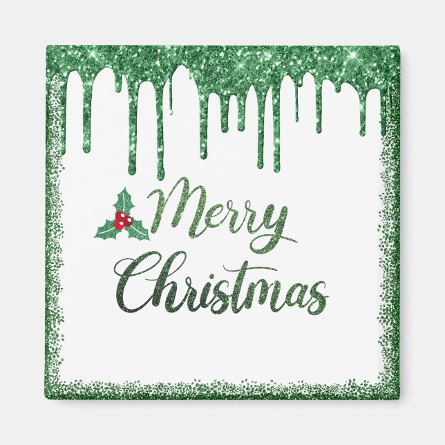 Merry christmas- Green glitter cherry  Magnet (Front)