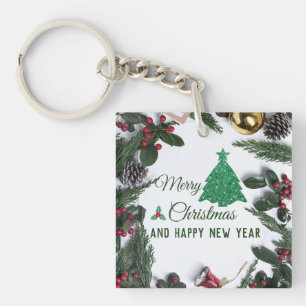 Merry christmas- green glitter key ring