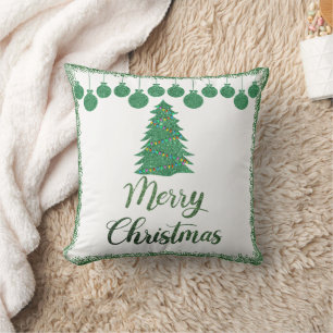 Merry christmas- green glitter ornaments cushion
