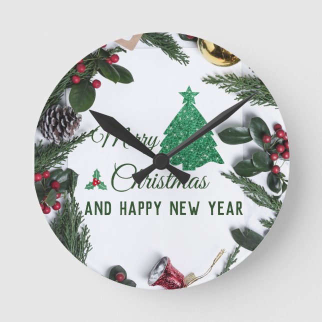 Merry christmas- green glitter   round clock (Front)