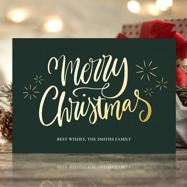 Merry Christmas Green Gold Calligraphy Non Photo Foil Holiday Card (Creator Uploaded)