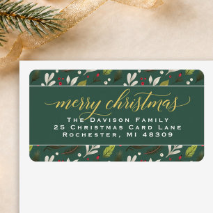 Merry Christmas Green Gold Elegant Script Address Label