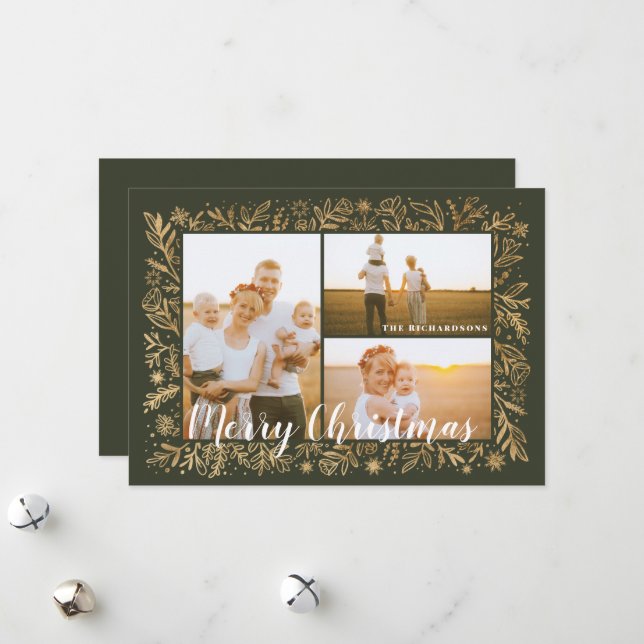 Merry Christmas Green & Gold Foliage & Snowflakes Holiday Card (Front/Back In Situ)
