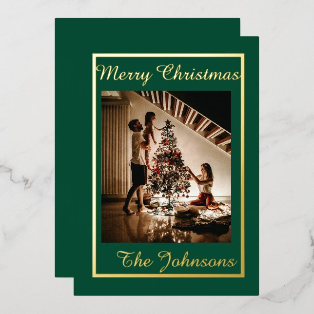 Merry Christmas Green Gold Simple Modern Photo  Foil Holiday Card (Front/Back)