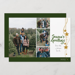 Merry Christmas Green Gold Stars Photo Collage Holiday Card