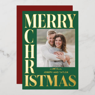 Merry Christmas Green Gold Typography Square Photo Foil Holiday Card