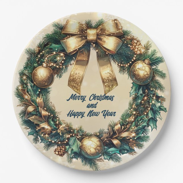 Merry Christmas  Green Gold Wreath Paper Plate (Front)