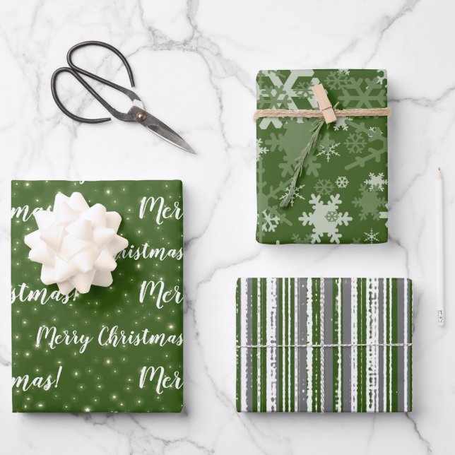Merry Christmas Green Grey Winter Wrapping Paper Sheet (Front)