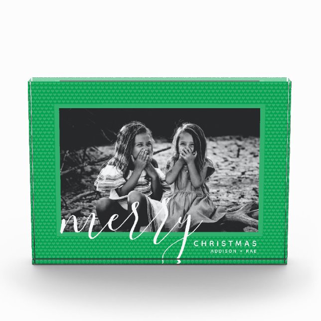 Merry Christmas Green Hearts Custom Photo Block (Front)