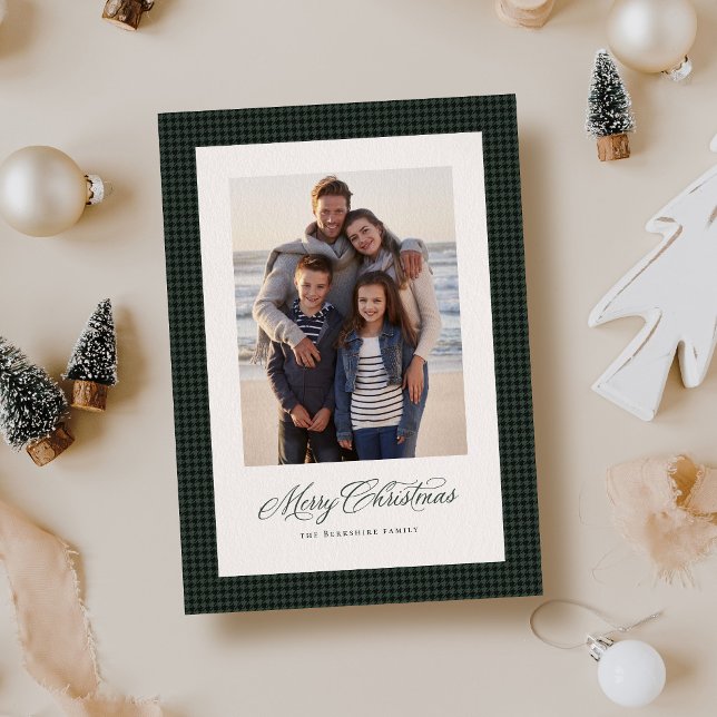 Merry Christmas green houndstooth one photo Holiday Card (Creator Uploaded)