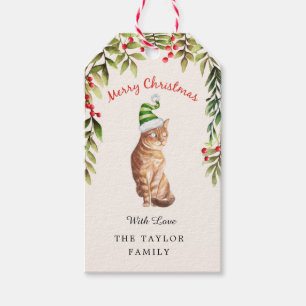 Merry Christmas Green Leaf Red Berries Cat Lovers  Gift Tags