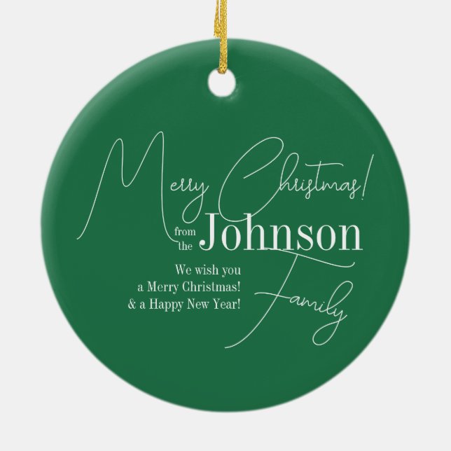 Merry Christmas Green Modern Ceramic Ornament (Back)