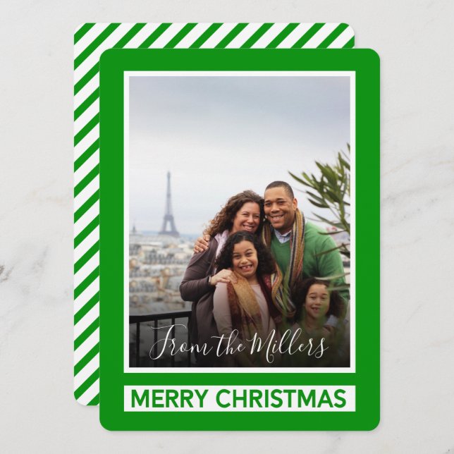 Merry Christmas Green Modern Diagonal Lines Photo Holiday Card (Front/Back)