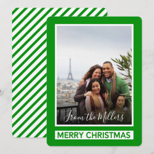 Merry Christmas Green Modern Diagonal Lines Photo Holiday Card
