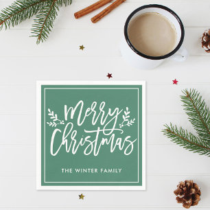 Merry Christmas Green Modern Script Holiday Napkin
