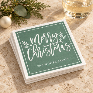 Merry Christmas Green Modern Script Holiday Napkin