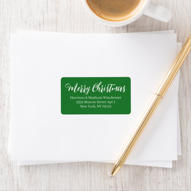 Merry Christmas green modern script Return Address Label (Insitu)