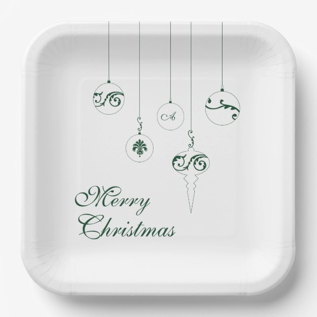Merry Christmas Green Monogram Bauble Square Paper Plate (Front)