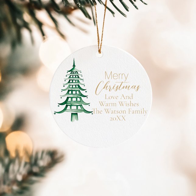 Merry Christmas Green Pagoda Christmas Tree 1Photo Ceramic Ornament (Merry Christmas Green Pagoda Christmas Tree 1Photo Ceramic Ornament)