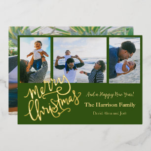 Merry Christmas Green Personalised Photo Gold Foil Holiday Card