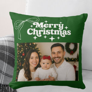 Merry Christmas green photo bow hand-drawn Cushion