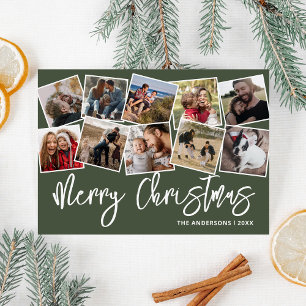 Merry Christmas Green Photo Collage Holiday Card