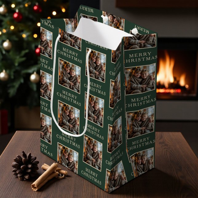 Merry Christmas Green Photo Holiday Medium Gift Bag (Creator Uploaded)