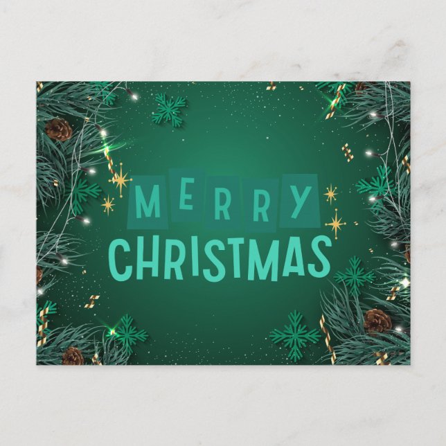 Merry Christmas Green Pine Branches & Snowflakes  Holiday Postcard (Front)