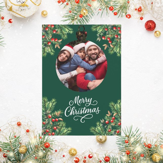 Merry Christmas green pine photo year in review Holiday Card (Creator Uploaded)
