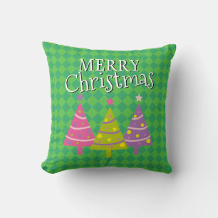 Merry Christmas Green Pink Trees  Cushion