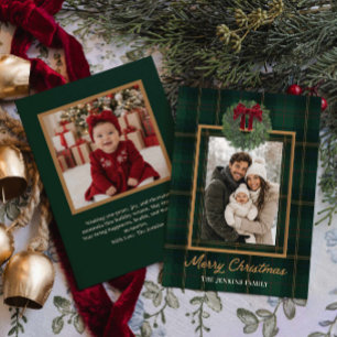 Merry Christmas Green Plaid and Wreath Photo Invitation