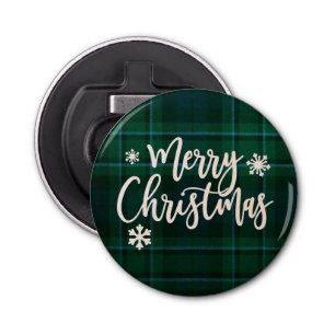 Merry Christmas Green Plaid Bottle Opener