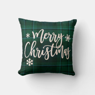 Merry Christmas Green Plaid Cushion