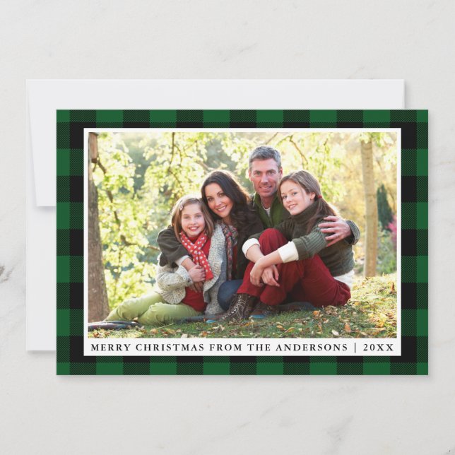 Merry Christmas Green Plaid Family Photo Card (Front)