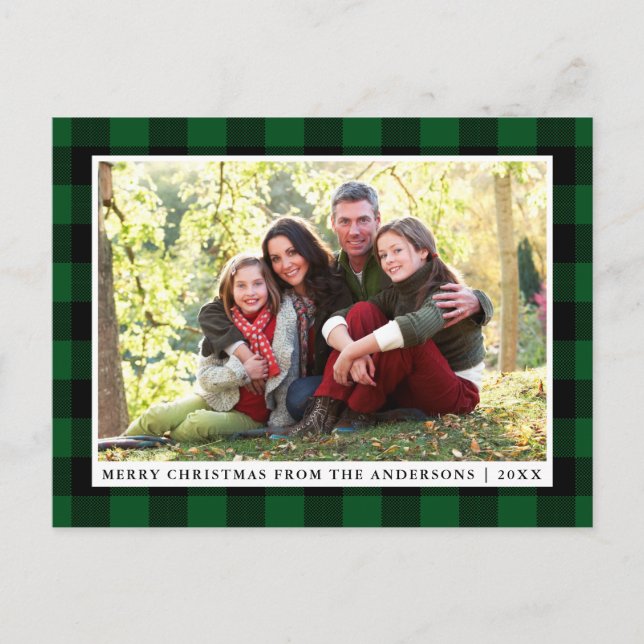 Merry Christmas Green Plaid Family Photo Postcard (Front)