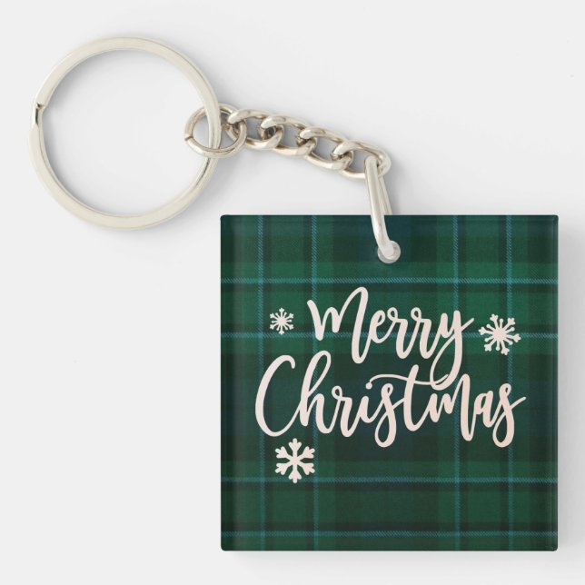 Merry Christmas Green Plaid Key Ring (Front)