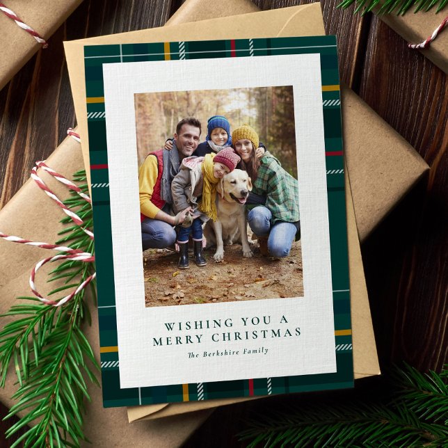 Merry Christmas green plaid one photo Holiday Card (Creator Uploaded)