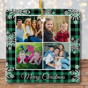 Merry Christmas Green Plaid Snowflakes 4 Photo Ceramic Ornament